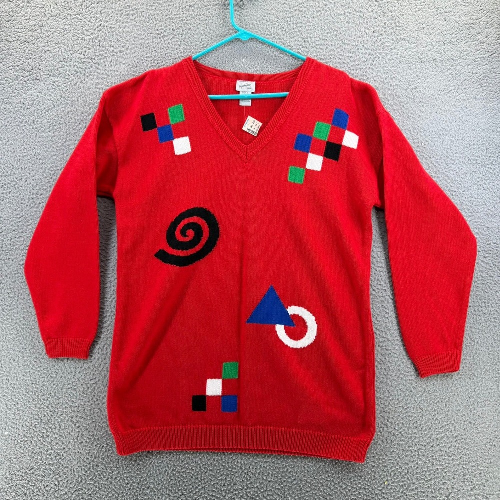 Jacqueline Ferrar Sport Red Geometric V-Neck Vintage Cotton Sweater Large USA
